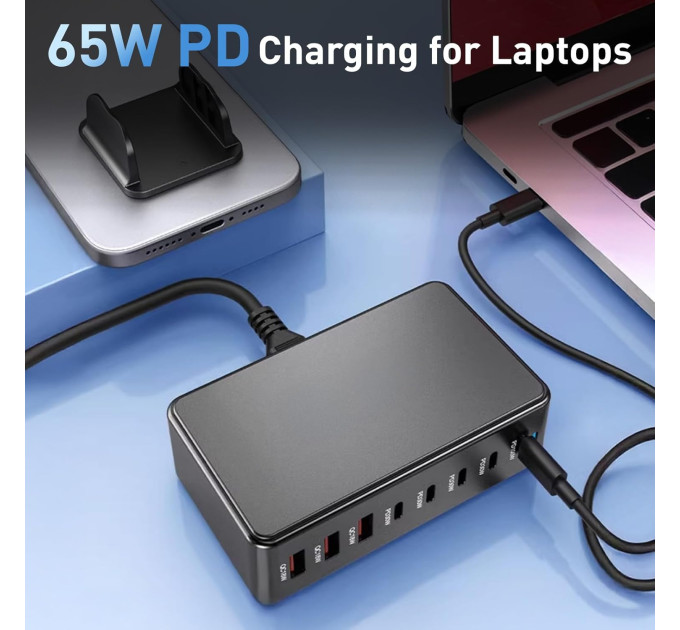 Зарядная станция многопортовая ILEPO 600W на 3 USB + 5 Type-C / сетевое мультизарядное устройство (Black) (19027)