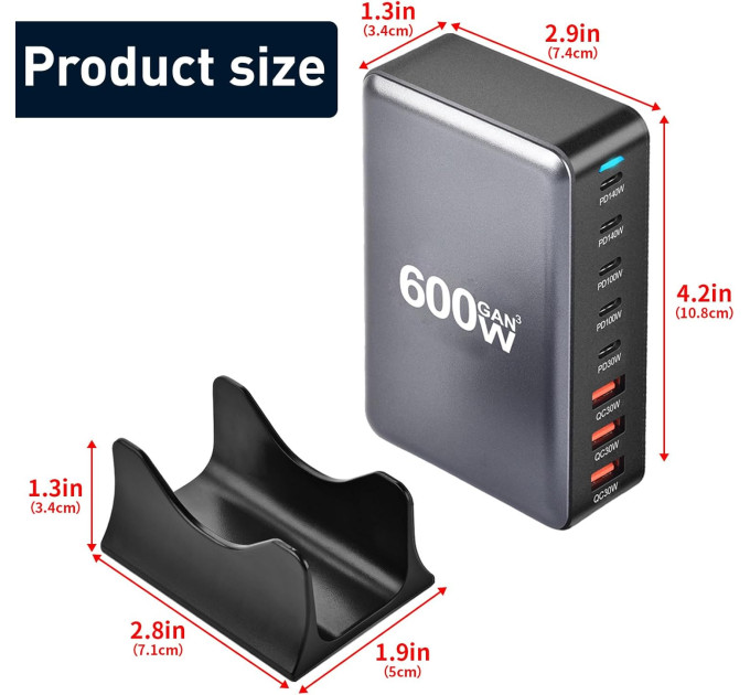 Зарядная станция многопортовая ILEPO 600W на 3 USB + 5 Type-C / сетевое мультизарядное устройство (Black) (19027)