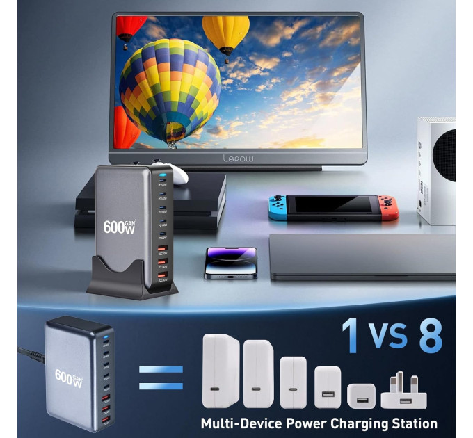 Зарядная станция многопортовая ILEPO 600W на 3 USB + 5 Type-C / сетевое мультизарядное устройство (Black) (19027)