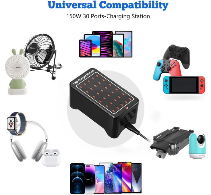 Зарядная станция многопортовая ILEPO на 30 Type-C портов 150 Вт / сетевое мультизарядное устройство (19019)