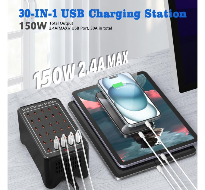 Зарядная станция многопортовая ILEPO на 30 Type-C портов 150 Вт / сетевое мультизарядное устройство (19019)