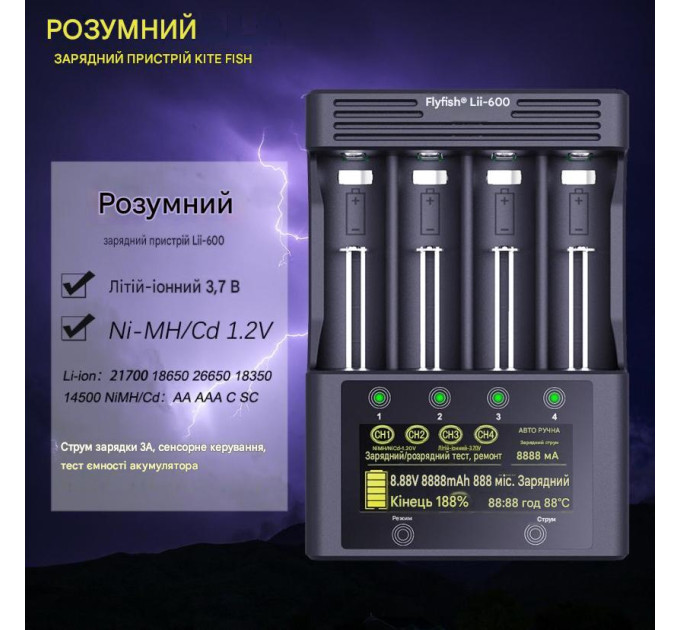 Зарядное устройство LiitoKala Lii-600 с адаптером от прикуривателя, для аккумуляторов АА, ААА, 18650, 21700, 26650 Li-ion, Ni-MH, Ni-Cd (19416)