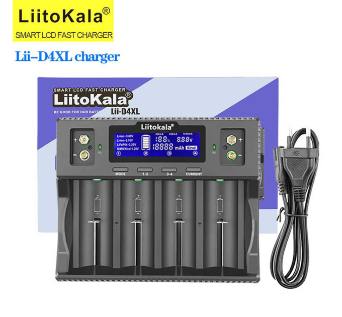 Зарядное устройство LiitoKala Lii-D4XL для аккумуляторов АА, ААА, 18650, 21700, 26650, 32700  Li-ion, Ni-MH, Ni-Cd, LiFePO4, Крона 9В (19420)