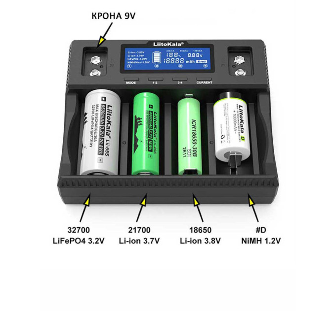 Зарядное устройство LiitoKala Lii-D4XL для аккумуляторов АА, ААА, 18650, 21700, 26650, 32700  Li-ion, Ni-MH, Ni-Cd, LiFePO4, Крона 9В (19420)
