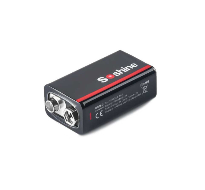 Аккумулятор крона 6F22 Soshine 9V 1000 mAh с Type-C зарядкой / Батарейка аккумуляторная (18884)