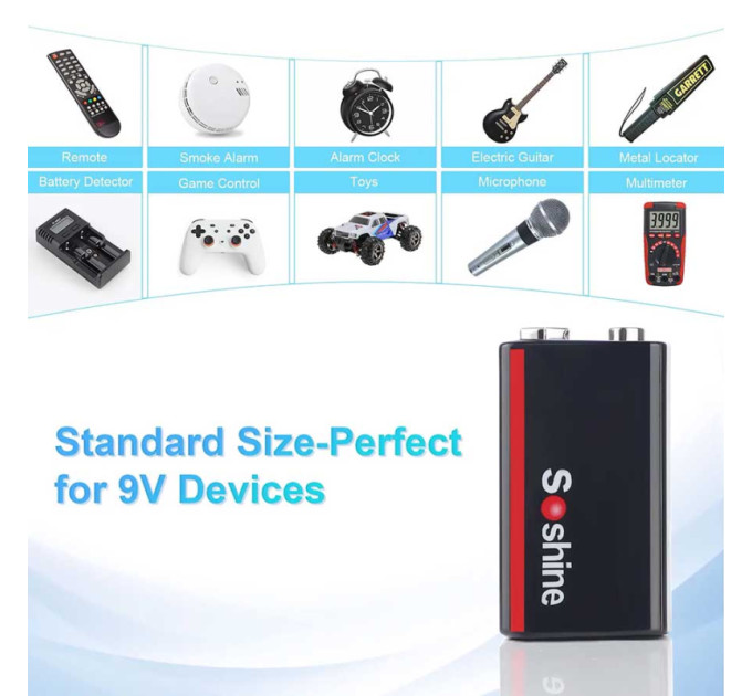 Аккумулятор крона 6F22 Soshine 9V 1000 mAh с Type-C зарядкой / Батарейка аккумуляторная (18884)