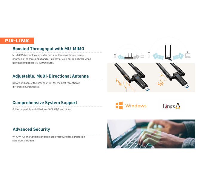 Беспроводной сетевой адаптер Вай-фай двухдиапазонный PIX-LINK AX1800 LV-UAX04 Wi-Fi USB 2.4/5GHz (Black) (17961)