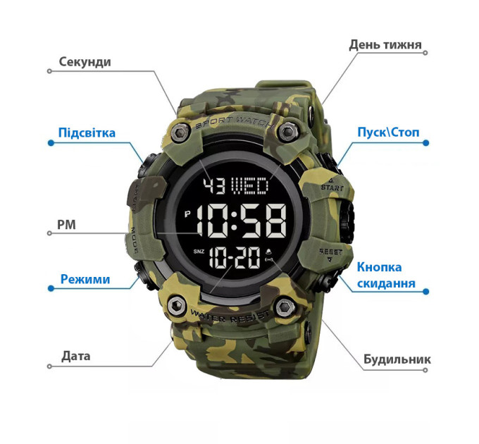 Часы наручные мужские Skmei 1968 Original (Camouflage Green, 1968CMGN) (17173)