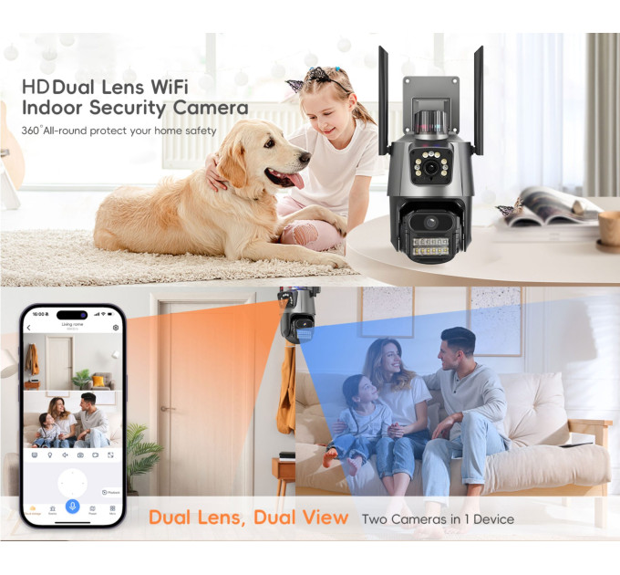 Камера видеонаблюдения WiFi поворотная двойная PIX-LINK DRW123P IP-камера с датчиком движения (Black) (18894)