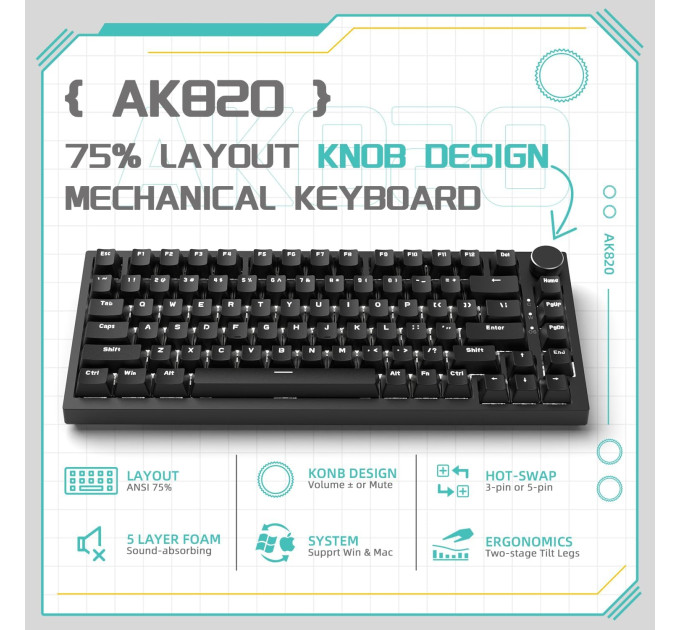 Клавиатура механическая AJAZZ AK820 Red Switch / Белая LED-подсветка / Раскладка 75% (Black) (19572)
