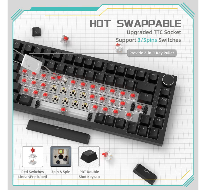 Клавиатура механическая AJAZZ AK820 Red Switch / Белая LED-подсветка / Раскладка 75% (Black) (19572)
