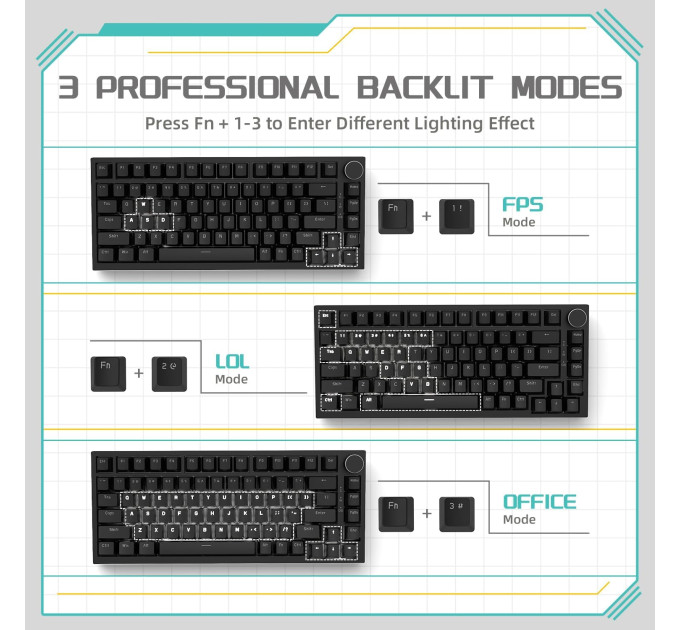 Клавиатура механическая AJAZZ AK820 Red Switch / Белая LED-подсветка / Раскладка 75% (Black) (19572)