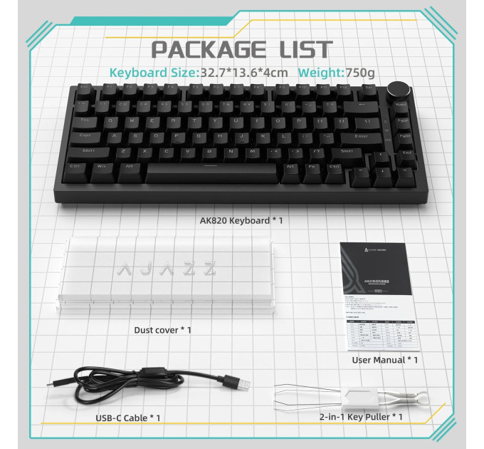Клавиатура механическая AJAZZ AK820 Red Switch / Белая LED-подсветка / Раскладка 75% (Black) (19572)