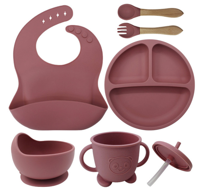 Набор детской силиконовой посуды для кормления на присосках 6 предметов (Red) (18972)