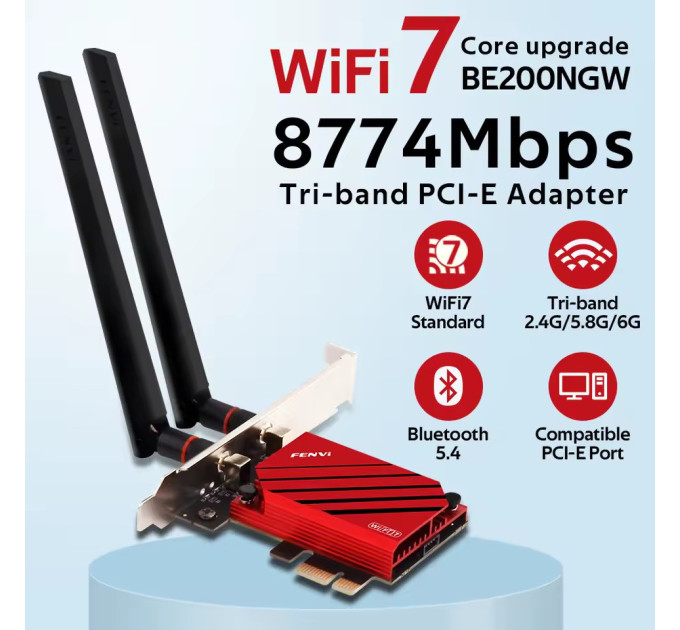 Сетевая карта PCI-E Fenvi FV-BE8800 Wi-Fi 7 трехдиапазонный адаптер модуль Bluetooth 5.4 (Black Red) (19127)