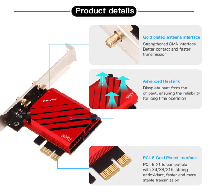 Сетевая карта PCI-E Fenvi FV-BE8800 Wi-Fi 7 трехдиапазонный адаптер модуль Bluetooth 5.4 (Black Red) (19127)