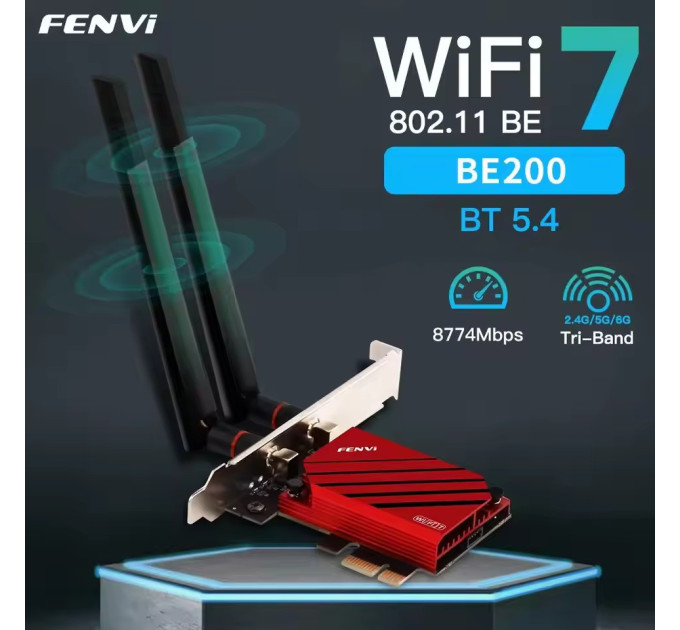 Сетевая карта PCI-E Fenvi FV-BE8800 Wi-Fi 7 трехдиапазонный адаптер модуль Bluetooth 5.4 (Black Red) (19127)