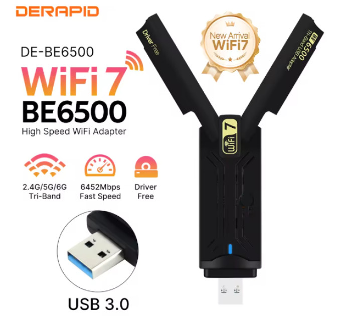Сетевой адаптер Wi-Fi 7 USB Fenvi FU-BE6500 трехдиапазонный беспроводной MU-MIMO (Black) (19123)