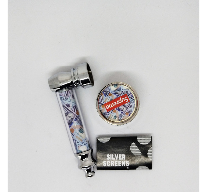 Трубка курильна + гріндер для подрібнення тютюну HL-YD-305 (Supreme Доллар, Silver) (16621)