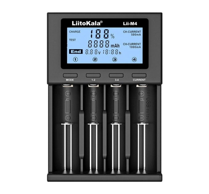 Умное зарядное устройство для аккумуляторов LiitoKala Lii-M4 АА, ААА, 18650, 21700, 26650 Li-ion, Ni-MH, Ni-Cd (19412)