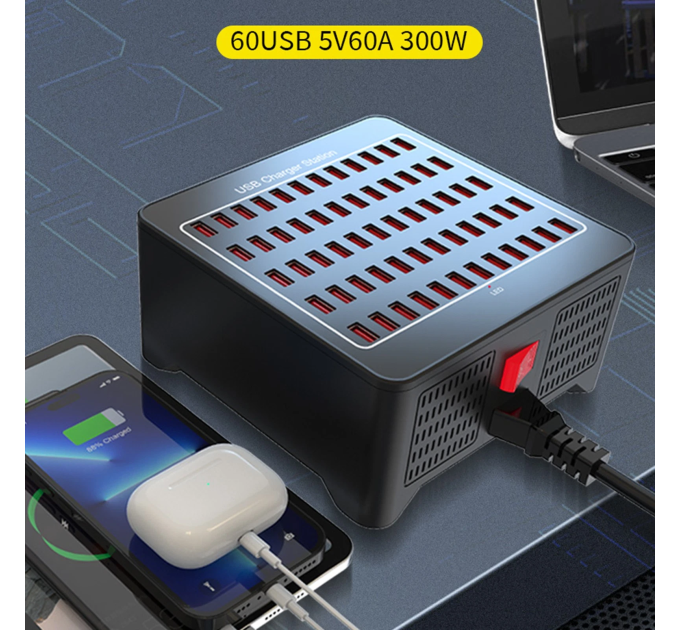 Зарядная станция многопортовая ILEPO на 60 USB портов 300 Вт / сетевое мультизарядное устройство (19016)