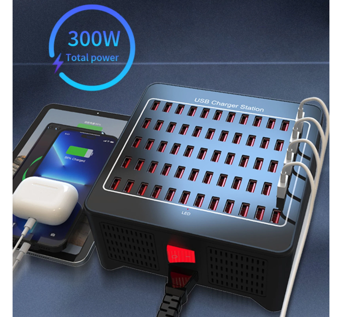 Зарядная станция многопортовая ILEPO на 60 USB портов 300 Вт / сетевое мультизарядное устройство (19016)