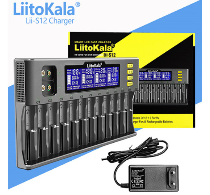 Зарядное устройство LiitoKala Lii-S12 для аккумуляторов АА, ААА, 18650, 21700, 26650 Li-ion, Ni-MH, Ni-Cd, LiFePO4, Крона 9В (19421)