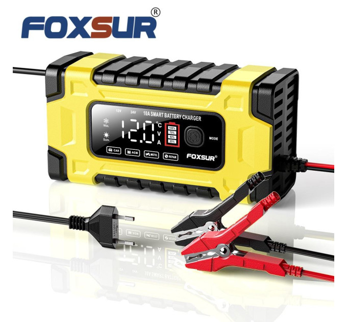 Зарядное устройство автомобильное 12V/24V Foxsur FBC122410E Автоматическое импульсное с функцией восстановления (Yellow) (19432)