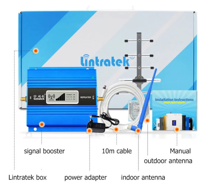 GSM усилитель Lintratek KW13A 900MHZ Репитер мобильной связи и интернета 4G LTE, Полный комплект (19267)