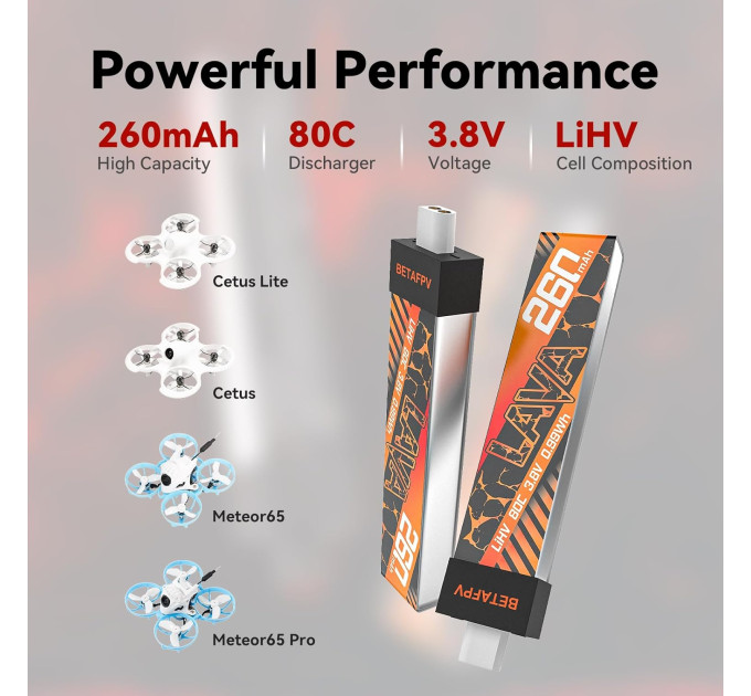 Аккумулятор BetaFPV Lava 1S 260 mAh 80C 3.8V LiHV LiPo BT2.0 FPV  (18766)