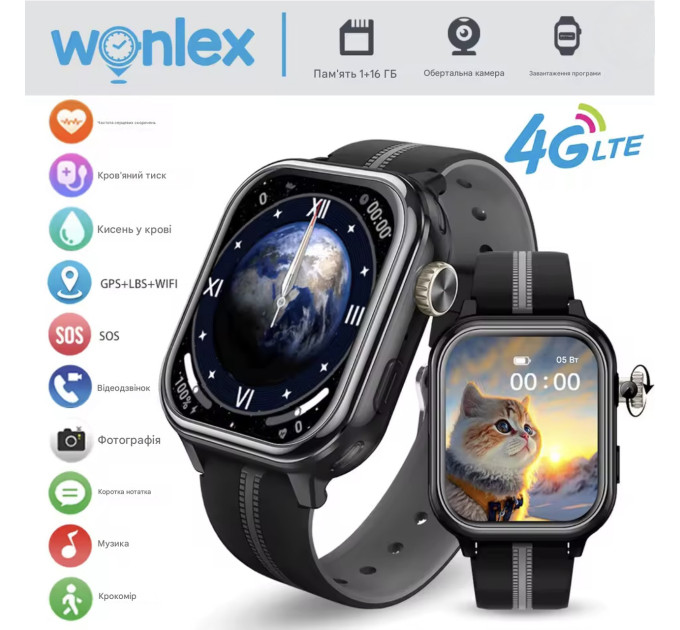 Детские смарт-часы Wonlex KT39 Original часы-телефон с видеозвонком GPS WI-FI и SIM-картой (Black) (19136)