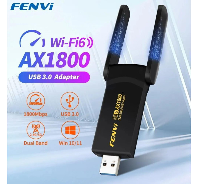 Двухдиапазонный беспроводной сетевой Wi-Fi адаптер USB Fenvi FU-AX1800 2.4G/5G Mu-MIMO Original (Black) (18838)