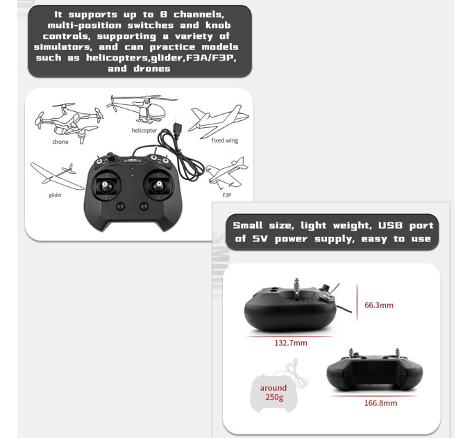 Пульт дистанционного управления FPV  FLYSKY FS-SM001 8CH USB Liftoff, DRL, DCL, DJI Virtual Flight симуляторный 8 канальный (Black) (18777)