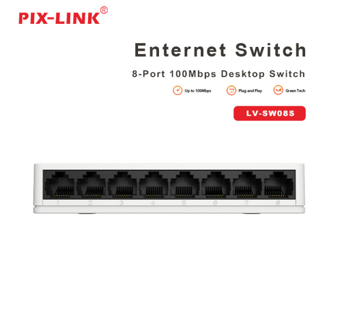 Сетевой коммутатор на 8 портов PIX-LINK LV-SW08S портативный свитч для интернета (White) (18897)