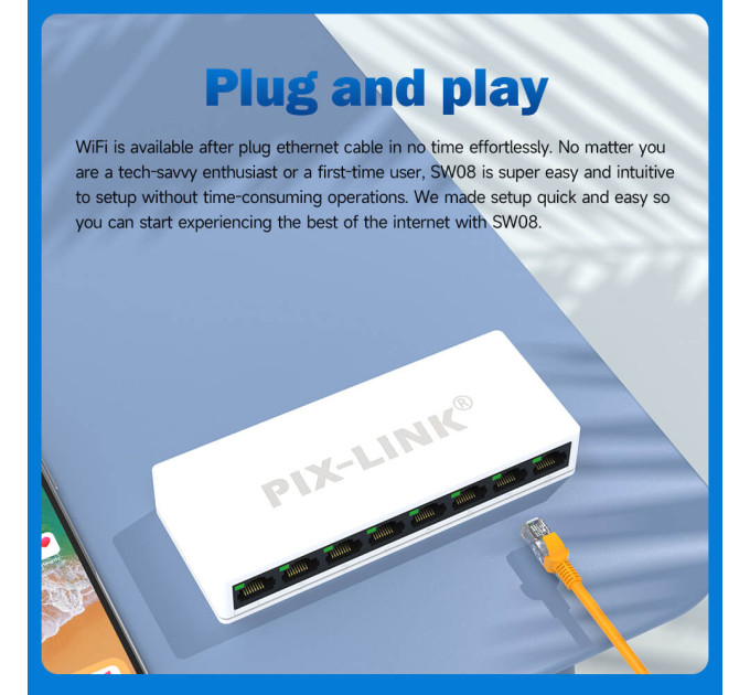 Сетевой коммутатор на 8 портов PIX-LINK LV-SW08S портативный свитч для интернета (White) (18897)