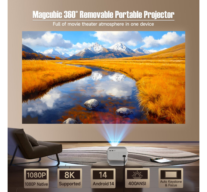 Смарт проектор с автофокусом Magcubic L018 Android 14, chip H726, 8K24fps,1GB/8GB Wi-Fi 2.4G/5G Обновленная версия Кинотеатр (White) (19028)