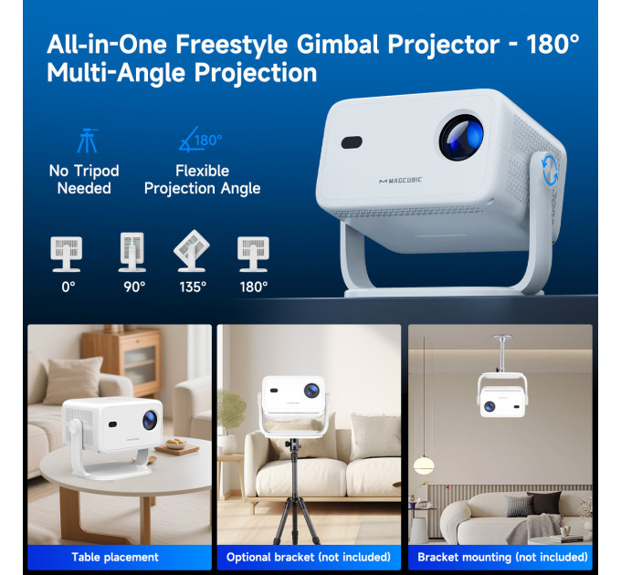 Смарт проектор с автофокусом Magcubic L018 Android 14, chip H726, 8K24fps,1GB/8GB Wi-Fi 2.4G/5G Обновленная версия Кинотеатр (White) (19028)