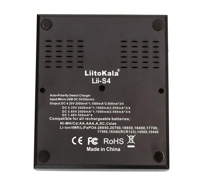 Умное зарядное устройство для аккумуляторов LiitoKala Lii-S4 АА, ААА, 18650, 21700, 26650 Li-ion, LiFePO4, Ni-MH, Ni-Cd (19408)