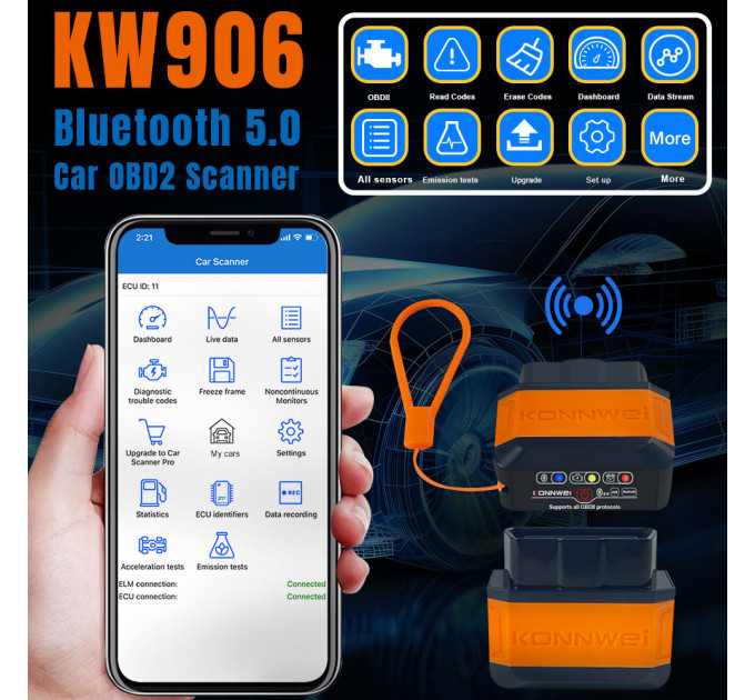 Универсальный автосканер Konnwei KW906 Профессиональный диагностический сканер автомобильный ОБД2, EOBD, OBD2, ELM327 (Black) (19512)