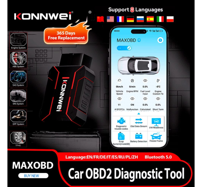 Универсальный автосканер Konnwei MAXOBD Профессиональный диагностический сканер автомобильный ОБД2, EOBD, OBD2 (Black) (19515)