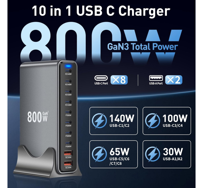 Зарядная станция многопортовая ILEPO 800W на на 2 USB + 8 Type-C / сетевое мультизарядное устройство (Black) (19022)