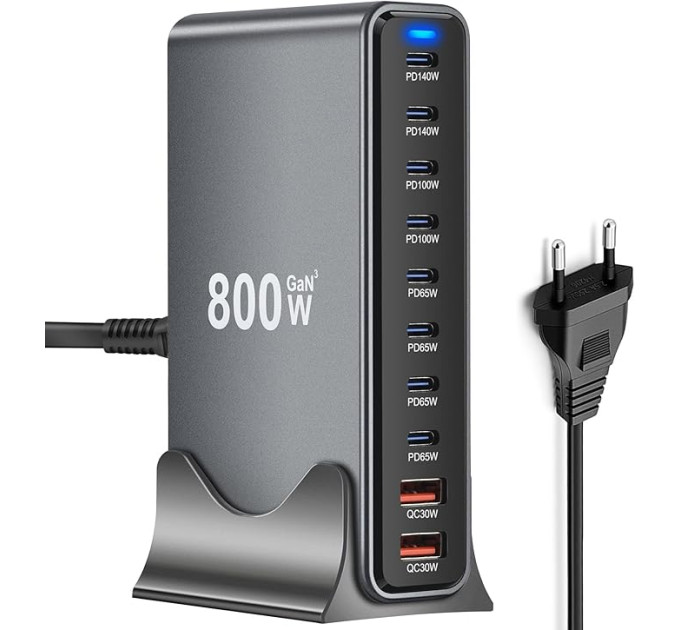 Зарядная станция многопортовая ILEPO 800W на на 2 USB + 8 Type-C / сетевое мультизарядное устройство (Black) (19022)
