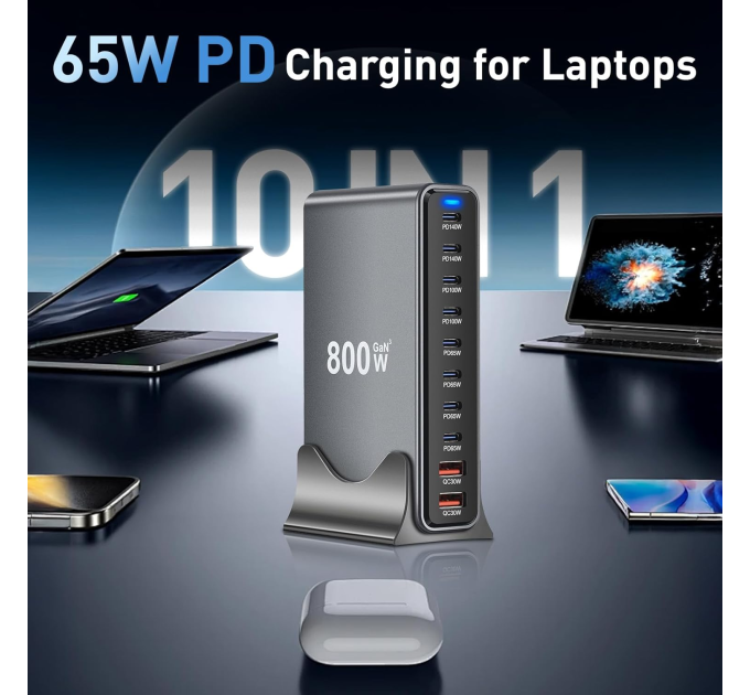 Зарядная станция многопортовая ILEPO 800W на на 2 USB + 8 Type-C / сетевое мультизарядное устройство (Black) (19022)