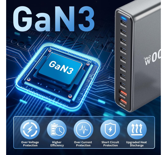 Зарядная станция многопортовая ILEPO 800W на на 2 USB + 8 Type-C / сетевое мультизарядное устройство (Black) (19022)