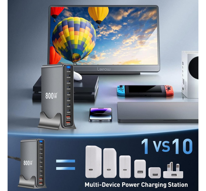 Зарядная станция многопортовая ILEPO 800W на на 2 USB + 8 Type-C / сетевое мультизарядное устройство (Black) (19022)