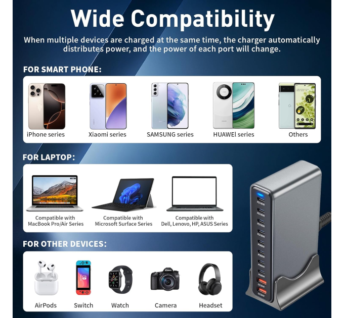 Зарядная станция многопортовая ILEPO 800W на на 2 USB + 8 Type-C / сетевое мультизарядное устройство (Black) (19022)