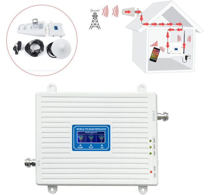 GSM усилитель Lintratek KW20C-GDW 900-1800-2100MHZ Репитер мобильной связи и интернета 4G LTE, Полный комплект (19268)