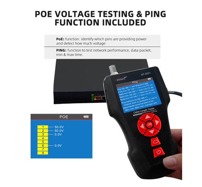 Кабельный и сетевой многофункциональный тестер NOYAFA NF-8601W с функцией PoE Ping для сетевых, BNC-коаксиальных и телефонных кабелей (19899)