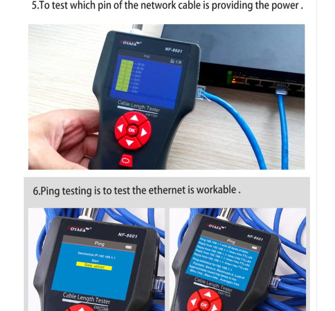 Кабельный и сетевой многофункциональный тестер NOYAFA NF-8601W с функцией PoE Ping для сетевых, BNC-коаксиальных и телефонных кабелей (19899)