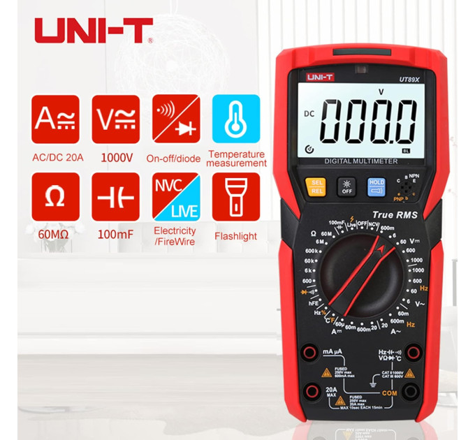 Мультиметр UNI-T UT89X Цифровой мультитестер; Напряжение DC/AC; Ток DC/AC; R; C; Прозвонка цепи; тест Диодов-транзисторов, NCV, Live, частота, емкость (19823)